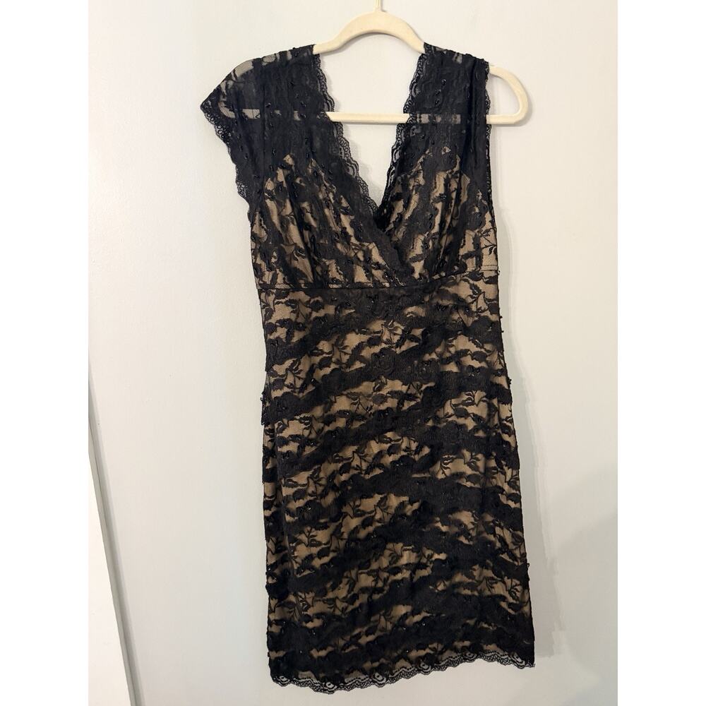 Marina Tiered Lace Dress Sz 12 Black Stretch Lined Slimming Cocktail Party
